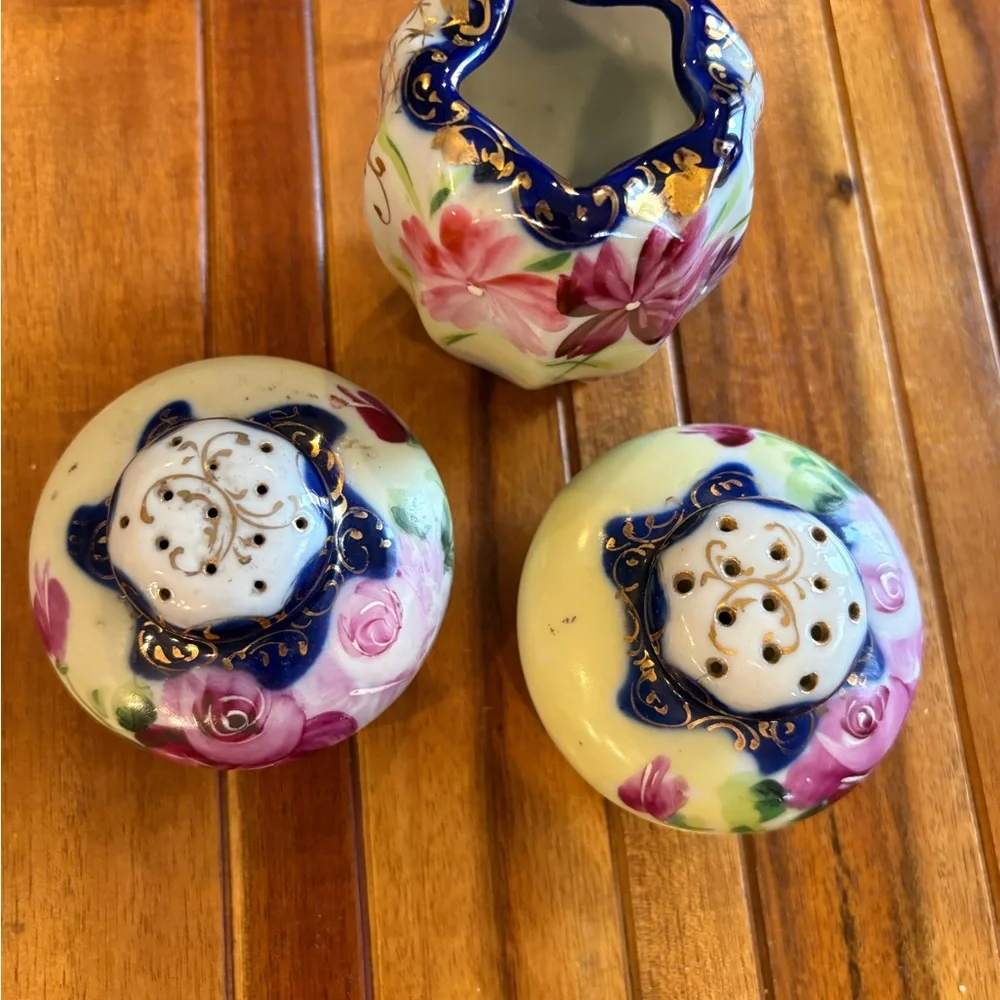 Vintage Japanese Floral Ceramic Vase Toothpick Holder and Shakers Set
